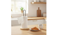 Wooden Base Paper Towel Rack Freestanding Countertop Paper Towel Stand Minimalist Design Kitchen Roll Holder for Washroom, Desktop