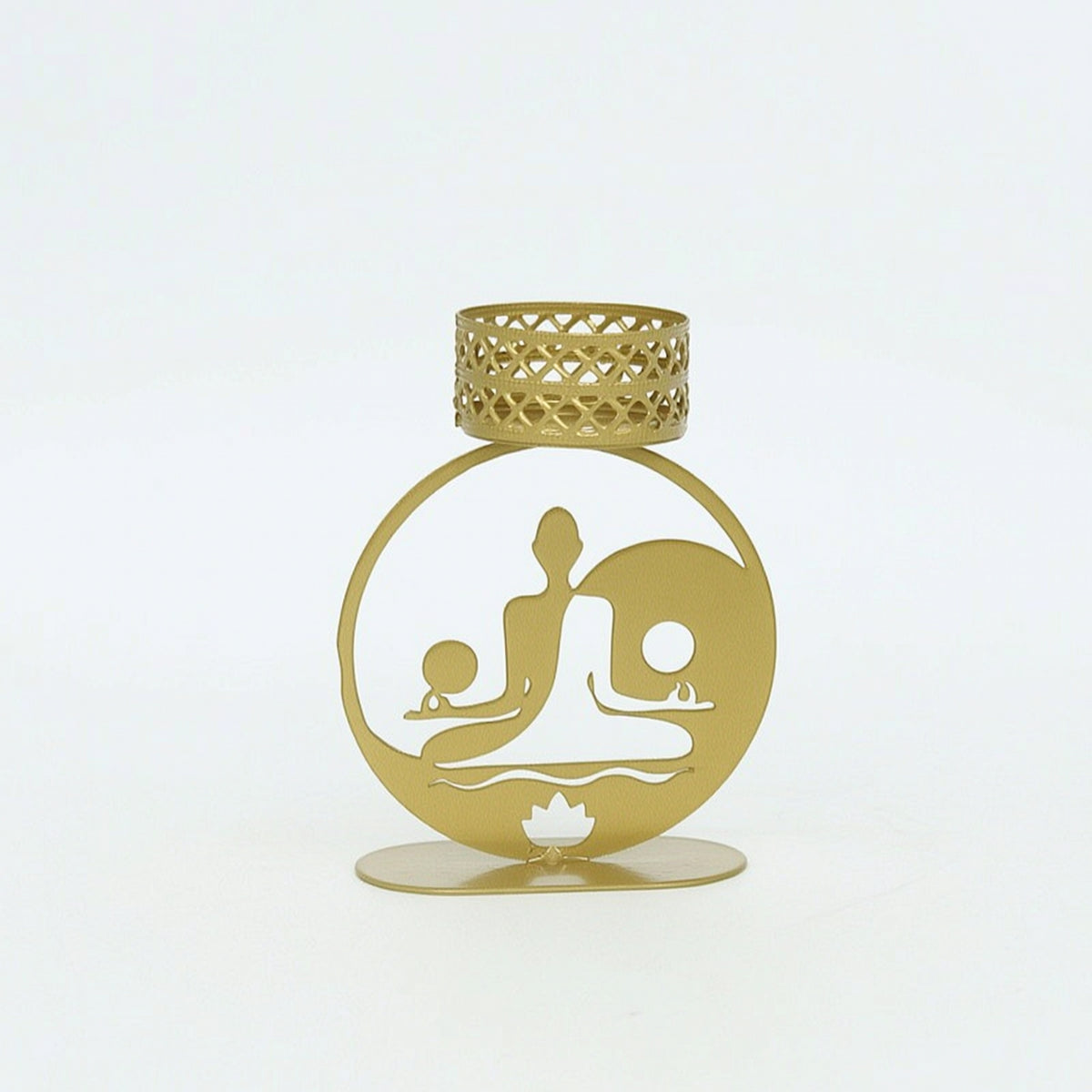 Candle Holder with Openwork Body Gold-Colored Metal Tea Light Candle Holder Decor Laser-Cut Elegant for Tables, Shelves