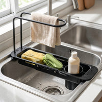 Dish Rack and Dish Drainer with Sink Strainer, Stainless Steel Utensil Holder, Extendable 45cm Kitchen Sink Sponge Holder with Towel Bar, Grey