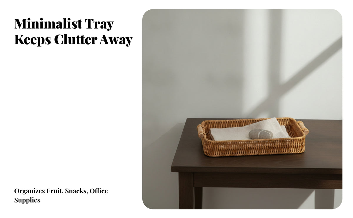 Woven Tray with Wooden Handles | Low Open-Top Design, Multipurpose, Woven Basket Tray, for Tabletop