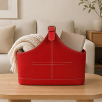 Red Faux Leather Basket, Home Storage Basket with Handle, Rectangle Bedroom Storage Basket, Open Magazine Blanket Organiser