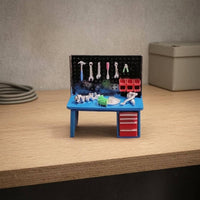 Artisan-Made 1:64 Scale Workbench Model Printed Decal Miniature Tool Workbench Pegboard Back Panel Miniature Garage Bench Hanging Tools for Collectors