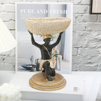 Woven-Look Basket Tray Figurine Gold-Toned Hand-Painted Resin Figurine Tabletop Home Decor Round Base