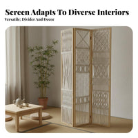 Natural Materials Bohemian Folding Screen Foldable Design Wooden Frame Woven Screen Portable 3-Panel Room Divider for Apartment Dwellers, Interior Decorators, Office Workers, Guesthouse, Bedroom