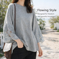 Womens Tops Long Sleeve with Round Neck and Irregular Hem, Casual for Everyday Wear in Blended Fabric, Plus Size Friendly