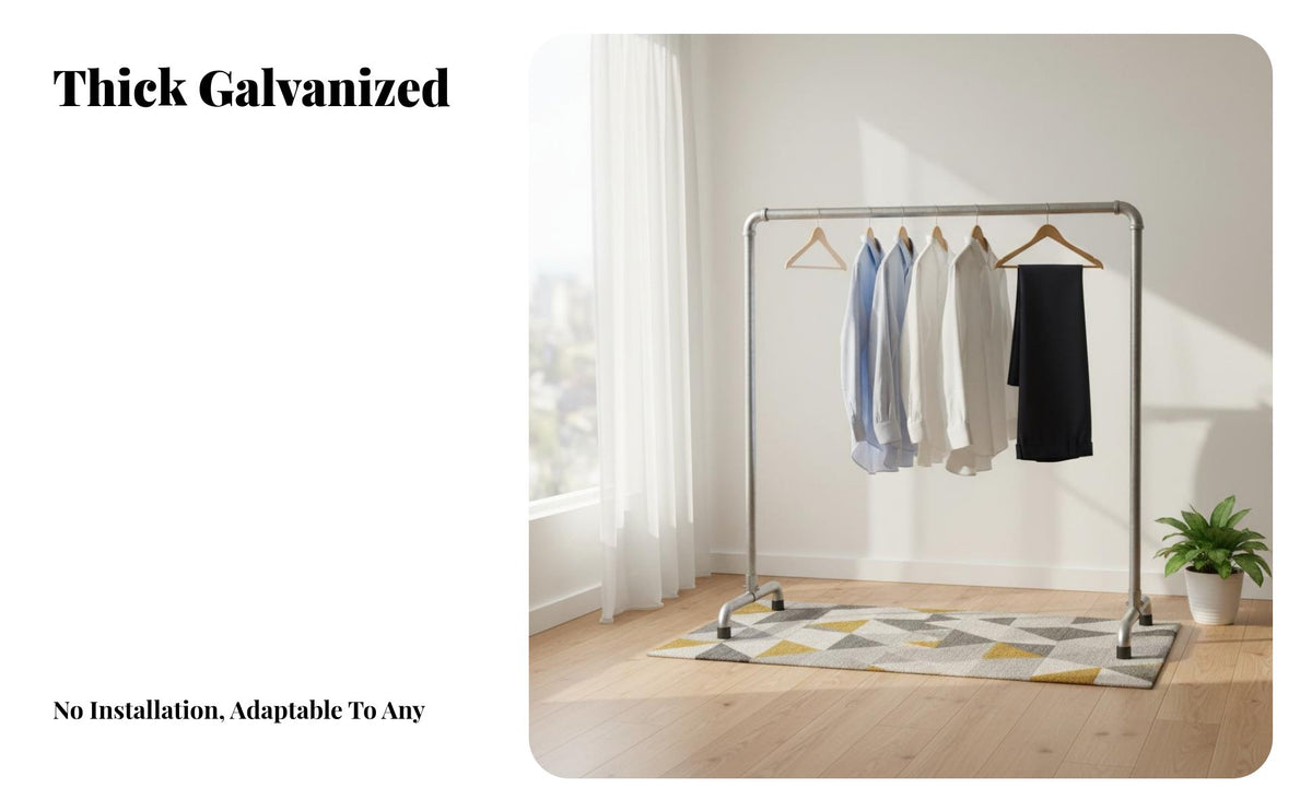 Thickened Steel Single Rod Clothes Rack Sturdy Industrial Pipe Clothing Rack Rust-Proof Liberated Standing Garment Stand Multi-Use for Homeowners, Boutique Owners, Balcony, Living Room, Bedroom, Courtyard
