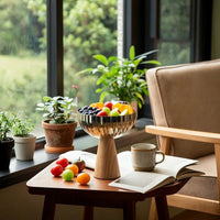 Fruit Bowl with Pedestal Base Stainless Steel Fruit Bowl with Wooden Base Reflective for Kitchen Counter