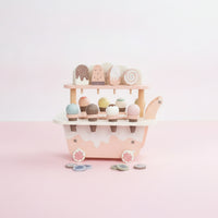 Ice Cream Cart with Make-Believe Snacks Wooden Ice Cream Cart with Handle Pastel Pretend Play Store for Young Children