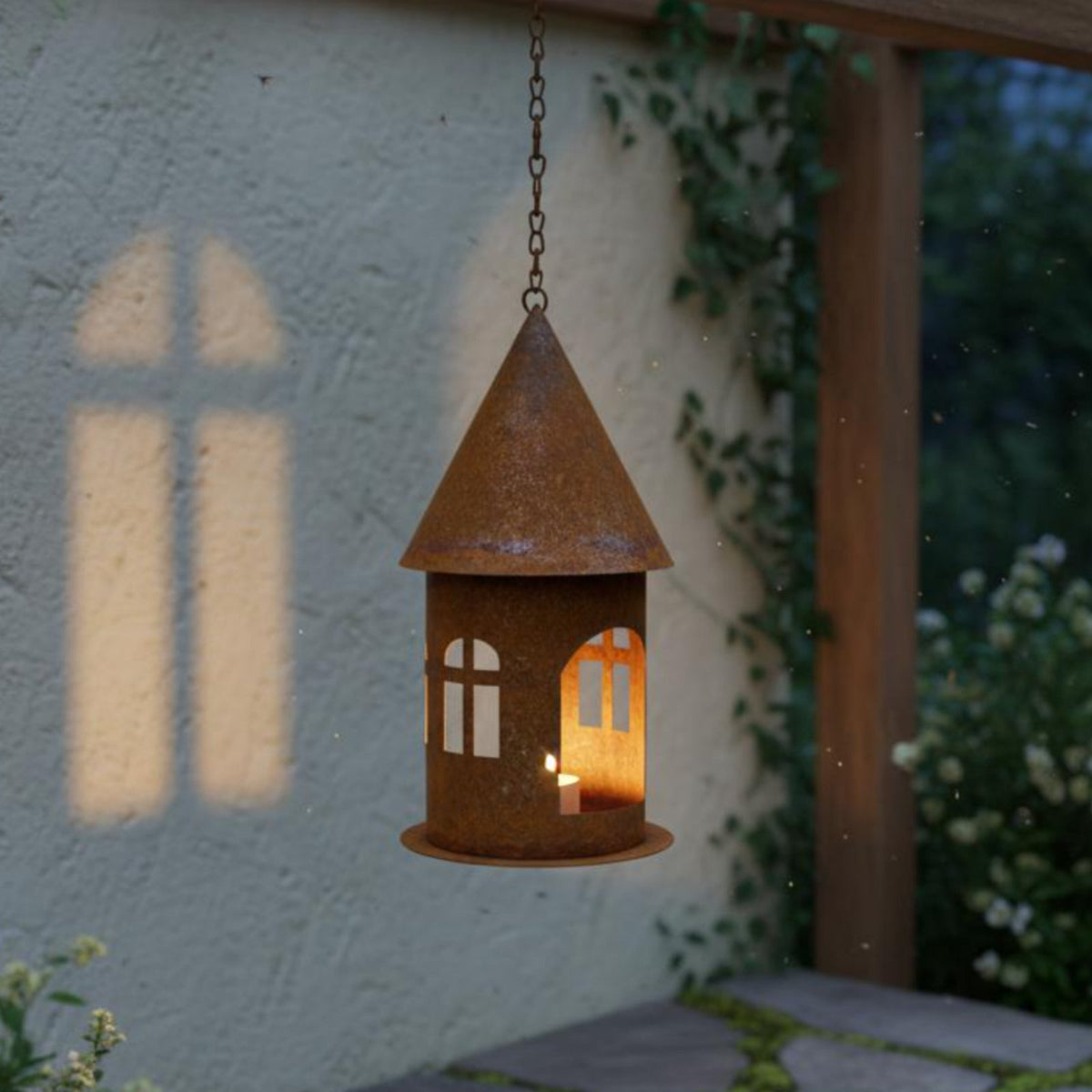 Weathered Iron Cottage Lantern Hanging Castle Candle Holder for Garden, Patio, Balcony
