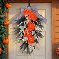 Skeleton Wreath Black Wreath with Bow Door Hanging Decoration Easy to Hang Skeleton Hanging Decor Lightweight for Porch