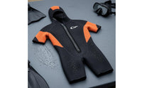 5 Mm Hooded Wetsuit Stretch Short Sleeve Wetsuit Stitched Seams Water Sports Gear Orange Panels for Diving, Surfing, Snorkeling
