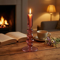 Turned Stem Blown Glass Candle Holder Cylindrical Top Glass Taper Candle Holder Wide Base