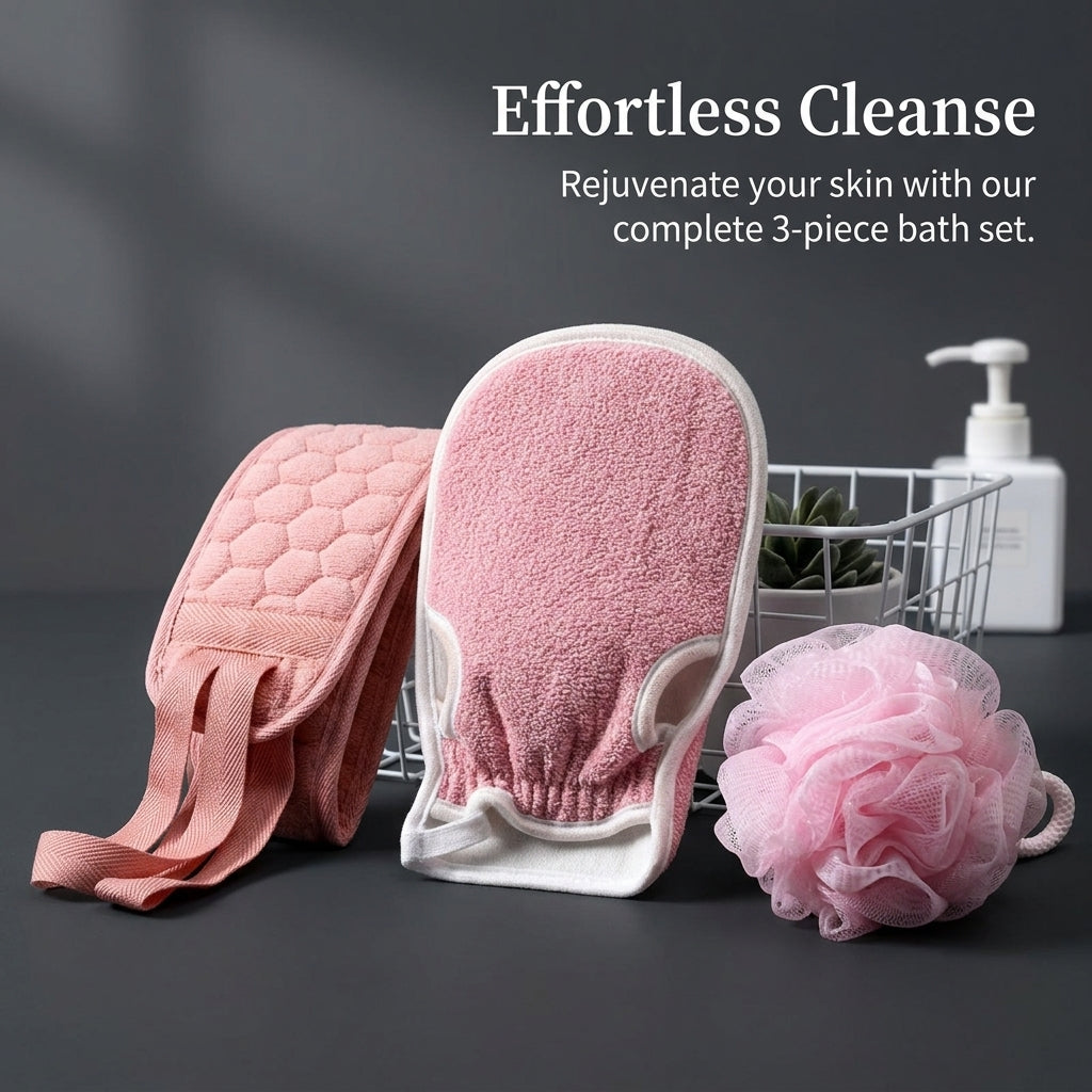 Mesh Loofah and Glove Bath Set for Shower, Exfoliating Scrubber with Long Back Strap for Adults, Blue Accessories