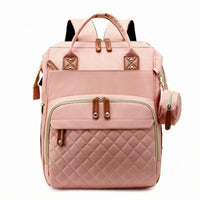 Faux Leather Trim Woven Diaper Backpack Quilted Panel Rectangular Diaper Backpack Top Carry Handle Carryall Multiple Compartments