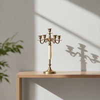Five-Arm Candelabra Brass-Colored Tabletop Candelabra Sculptural Candlestick Holder with Round Base for Entryway