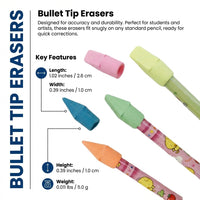 3D Bullet Shaped Pencil Cap Erasers for Children, Colorful Eraser Toppers for Students Homework, Multicolor Office Stationery