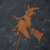 Rusted Witch Stake with Broom Metal Witch Silhouette Halloween Ornament Spooky for Garden, Lawn, Flower Bed