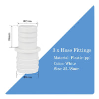 3 Pieces PP Plastic 32 Mm Hose Adapter White Stepped Hose Adapter Metal Fluid Connector for Aquariums