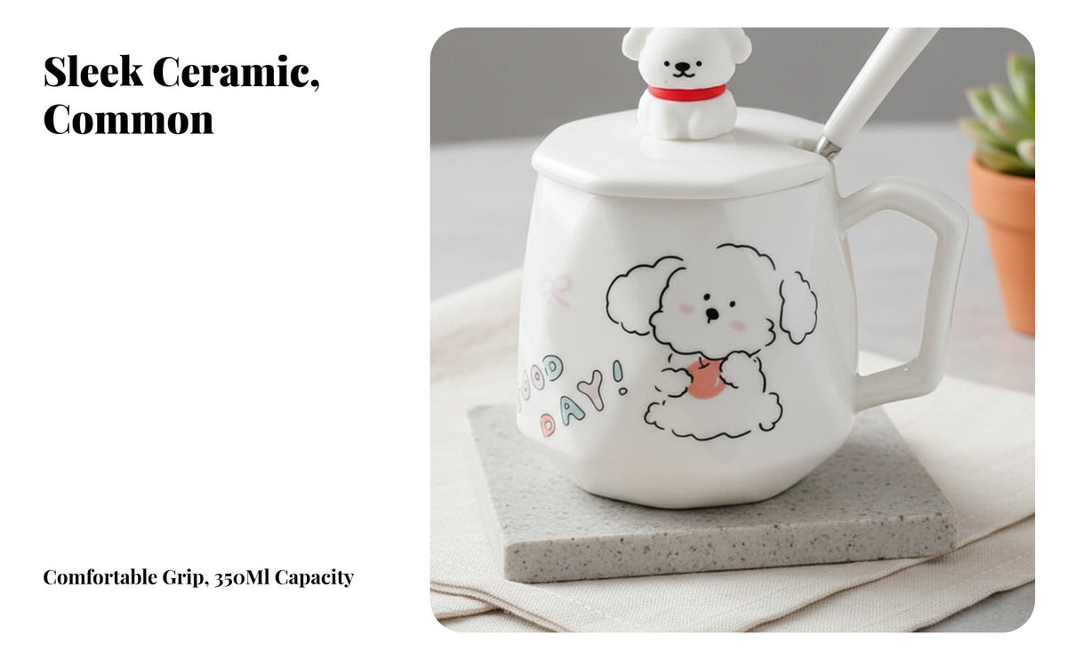 Ceramic Bichon Dog Cartoon Mug, Milk Mug with Lid & Spoon, Gift for Girls, Couples, Birthday