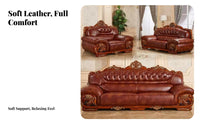 3-Seater Couch European design Carved Frame Three-Seater Genuine Leather Sofa for Homeowners, Apartment Dwellers, Lounge Area, Bedroom, Office
