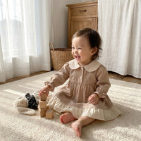 Girls Vintage Style Long Sleeve Dress Beige Cotton Linen Peter Pan Collar Frock Ruffled Hem Toddler Party Clothes for Easter Spring Photo Shoot