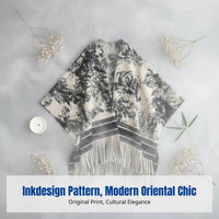 Ink Pattern Shawl Scarf, Black Cream, Women's Long Winter Warm Cape with Tassels