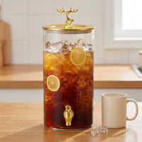Glass Water Dispenser with Deer Lid, Juice Dispenser on Wood Stand, Beer Dispenser with Stainless Steel Spigot, Round Drink Dispenser Home Bar