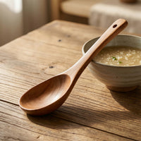 Natural Wood Wooden Soup Spoon with Hanging Hole Deep Bowl Long-Handled Spoon Smooth Polished Kitchen Utensil for Ramen, Hot Pot