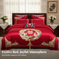 4 Pieces Festive Red Color Embroidered serpent and firebird Bed Linen Traditional Wedding the couplee Bedding Set Auspicious Design Bedroom Linens plush texture for Newlyweds, Gift Givers, Families, Bridal Room