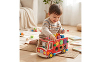 Wooden Bus with Push-Along Bus Shape Sorter Educational Wooden Shape Sorter for Young Children, Kids