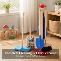6 Pieces Storage Stand Wooden Cleaning Toy Set Role-Play Pretend Cleaning Kit Bristle and Textile Heads Kids Broom Mop Set Colored Parts for Children