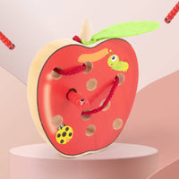 Wooden Apple Threading Toy Sensory Wooden Threading Apple Screennon-Screen Smooth for Toddlers, Quiet Play, Travel