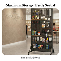 Freestanding Pegboard Organizer Multipurpose Floor Standing Pegboard Multi-Functional Metal Organizer with Wheels for Retailers, Mechanics, Exhibition