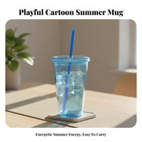 Cartoon Design Double Wall Tumbler with Straw Sweat Proof Insulated Plastic Cup with Lid and Straw Long-Lasting for Students, Summer, Home