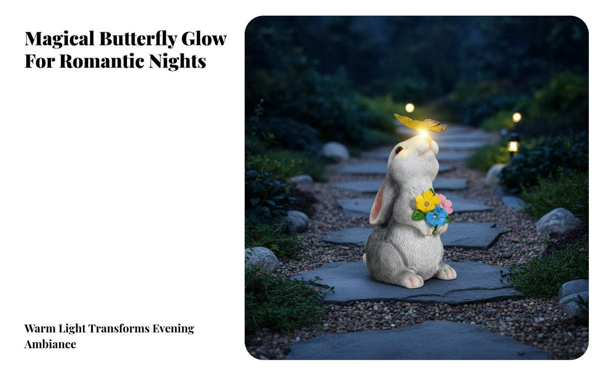 Glowing Butterfly Hare Figurine Automatic On/Off Hare Figurine with Glowing Creature-Hardy Resistant Resin Bunny Yard Ornament for Patio, Lawn