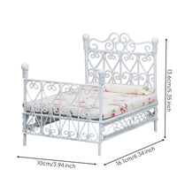 Dollhouse Bed with Mattress Wrought-Iron Style Miniature Double Bed Furniture Vintage Ornate for Doll Lovers