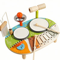 Wooden Percussion Table Multifunctional Music Station Toddler-Friendly Musical Toy with Cymbals Educational for Toddlers, Kids, Beginners, Playroom, Preschool, Nursery