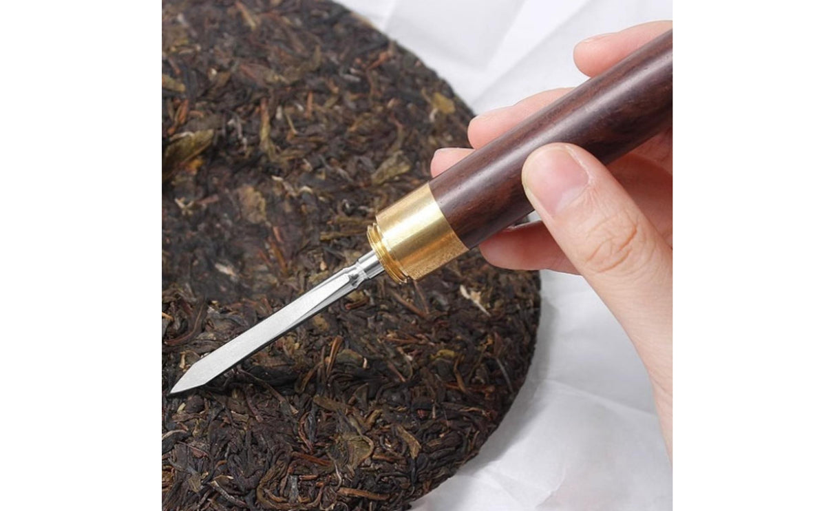 2 Pieces Wood Handle Compressed Tea Pointed Blade Tea Cake Pick Gold-Tone Ferrule Household Tool Stainless Steel