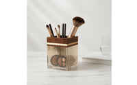 Acrylic Makeup Brush Holder Multi-Functional Square Vanity Brush Cup Elegant Design Walnut Wood Cosmetic Organizer for Office Desk, Washroom Counter