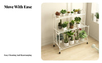 Multi-Layer Design 3-Tier Rolling Plant Trolley 360° Swivel Wheels Flower Rack Sturdy Frame Garden Supply Large Capacity for Gardening Enthusiasts, Event Planners, Balcony, Living Room, Indoor, Wedding