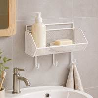 Wall-Mounted Bathroom Shelf with Hooks, No-Drill Shower Caddy for Toiletries and Storage