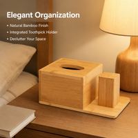 Bamboo Tissue Box Cover Desktop Organizer, Modern Minimalist Holder with Tray, Easy Refill Rectangular Wooden for Living Room, Hotel