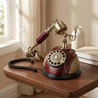 Burgundy-Red Vintage Rotary Telephone Gold-Tone Accents Decorative Tabletop Telephone Ornate Old Fashioned Corded Phone Coiled Cord