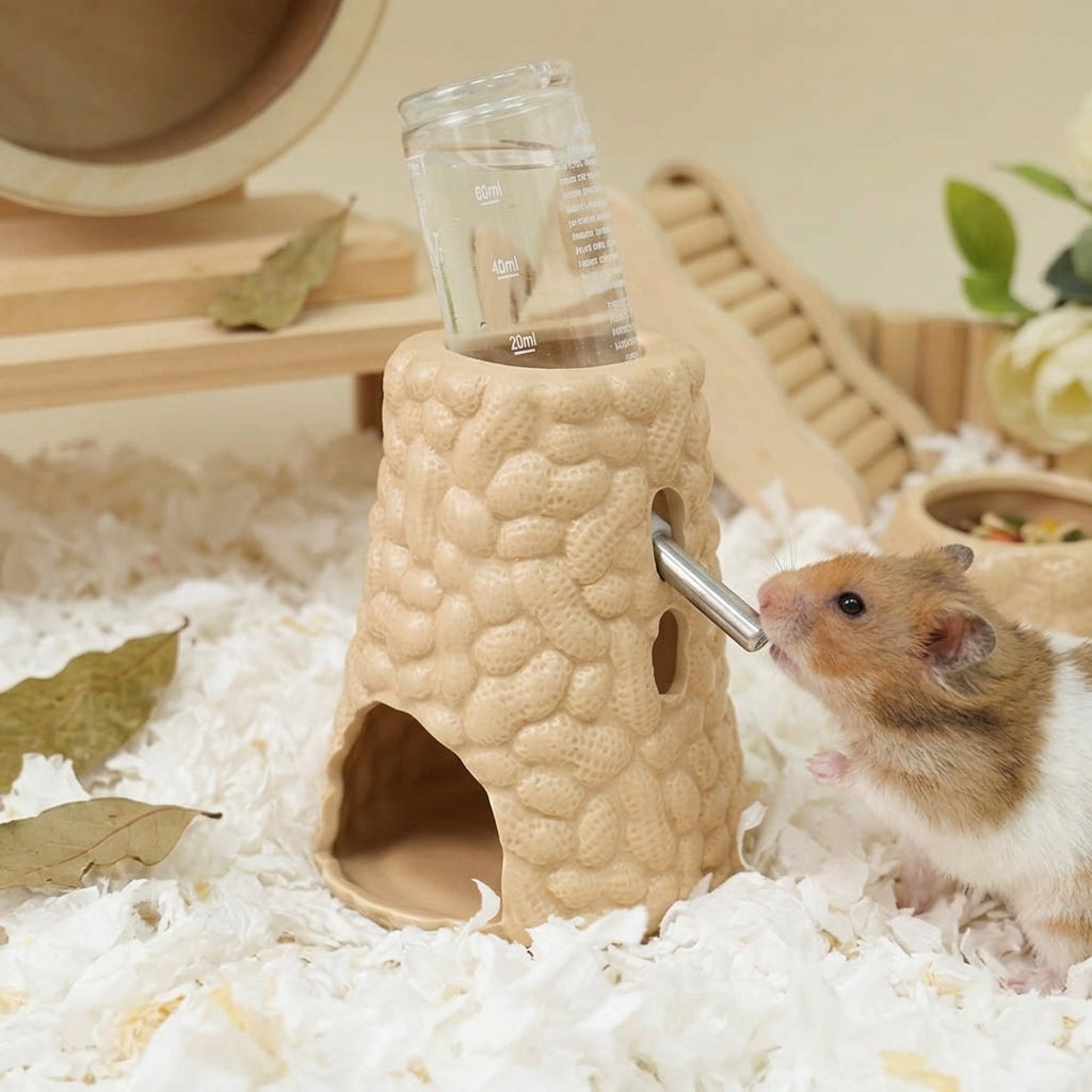 Ceramic Hamster Water Bottle with Hamster Hide, Floor-Standing Ceramic Water Bottle for Gerbils, Chew-Resistant Anti-Leak Design, 11x10x13cm