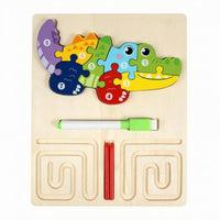 Natural Wood Finish 3-in-1 Learning Board Rounded Corners Child-Led Learning Wooden Learning Puzzle Colorful ABC Numbers Shapes Wooden Puzzle Removable for Preschoolers, Kids