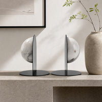 Round Bookends with Marble Orb Sculptural Marble Bookends with Metal Base Modern Bookend Set for Readers, Bookshelf, Office, Reading Quiet Area