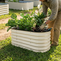 Outdoor Plants in a Raised Planter for Your Flower Box, Oval Steel Planter and Garden Box for Raised Beds, Green American Style Flower Bed