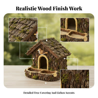 Wood-Bark Look Hanging Birdhouse Feeder Twin-Compartment Rustic Bird Feeder Arched Opening Wooden Birdhouse Pitched Roof for Tree, Outdoor Display