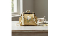 Floral Embroidery Pearl Chain Crossbody Bag Elegant Pearl Chain Handbag Vintage Design for Women, Party, Evening, Wedding