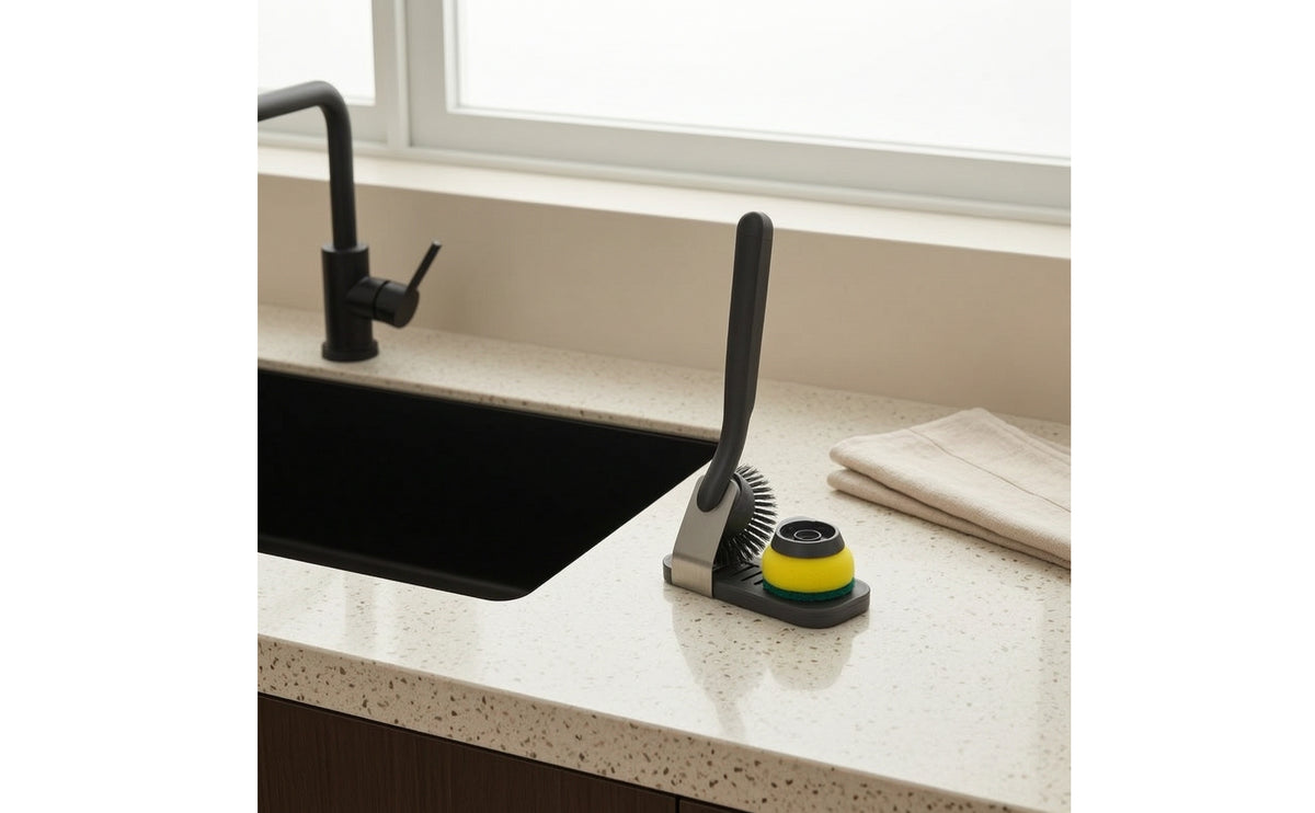 Interchangeable Dish Brush with Stand Long-Handled Dish Brush with Holder Easy-Grip Space-Saving for Kitchen Sink, Small Kitchens